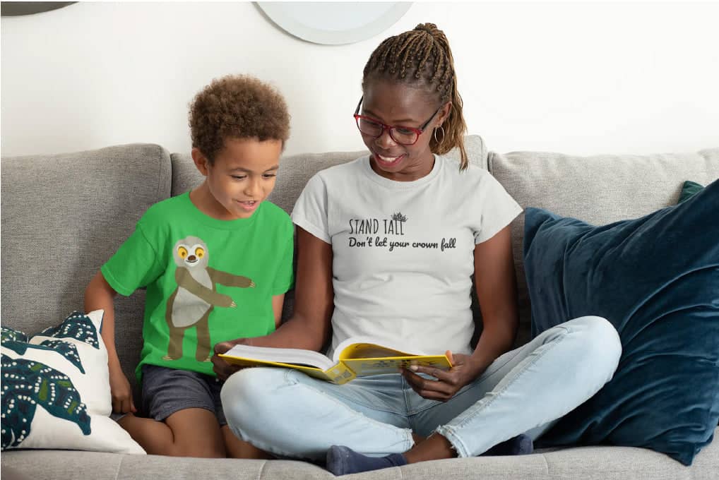 Mum and Son wearing organic cotton t-shirts - sloth clothing - positive clothing