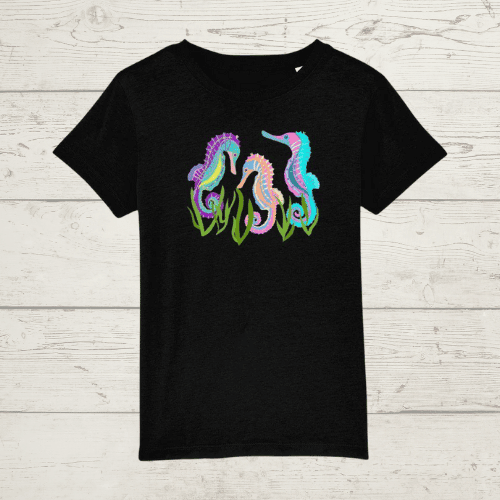 Kid’s seahorses t-shirt - black / xs / 3-4 - kid’s t-shirt