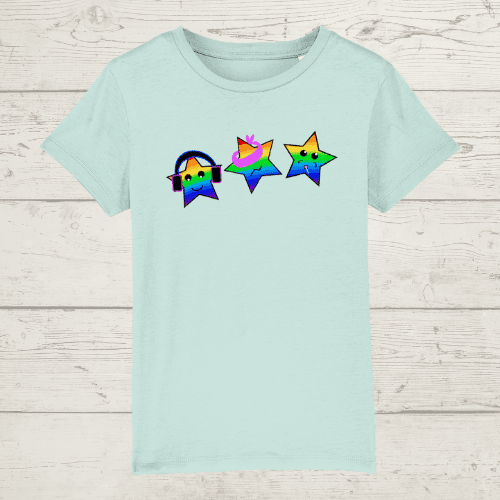 Kid’s three wise rainbow stars t-shirt - caribbean blue / xs