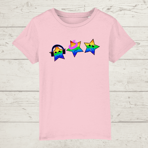 Kid’s three wise rainbow stars t-shirt - cotton pink / xs /