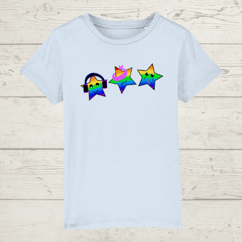 Kid’s three wise rainbow stars t-shirt - sky blue / xs / 3-4