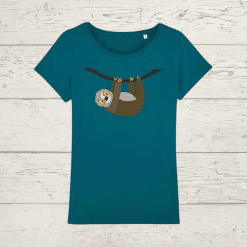 Women’s hanging around sloth slim fit t-shirt - ocean depth