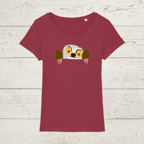 Women’s peeking sloth t-shirt - burgundy / x-small - women’s