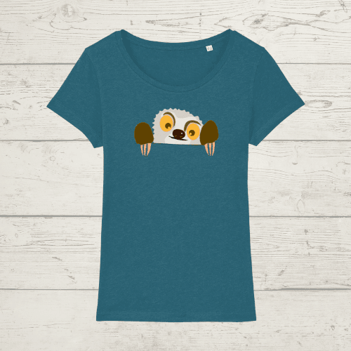 Women’s peeking sloth t-shirt - ocean depth / x-small -