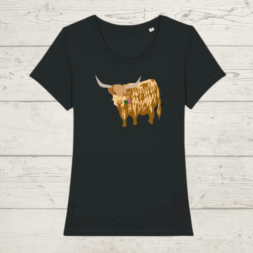 Women’s round neck highland cow t-shirt - black / x-small