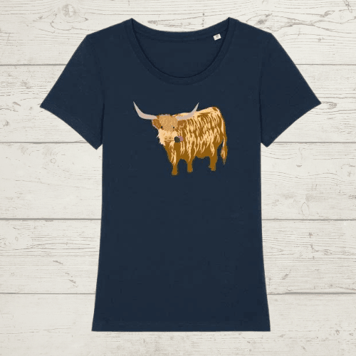 Women’s round neck highland cow t-shirt - french navy /
