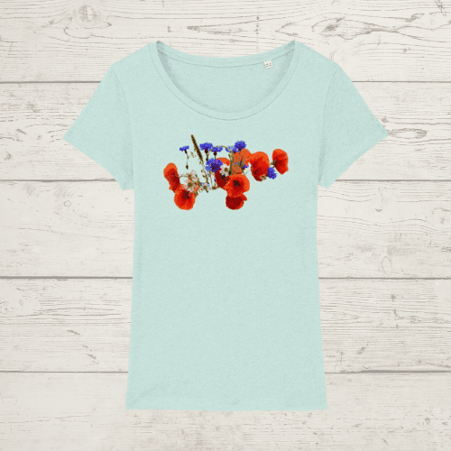 Women’s round neck wild flowers t-shirt - caribbean blue /