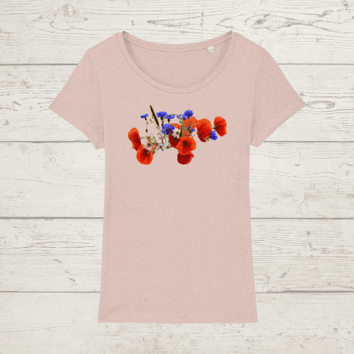 Women’s round neck wild flowers t-shirt - cream heather pink
