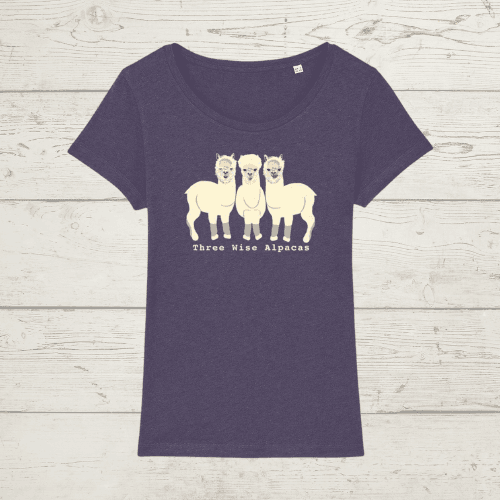 Women’s three wise alpacas t-shirt - plum / x-small (uk 8) -